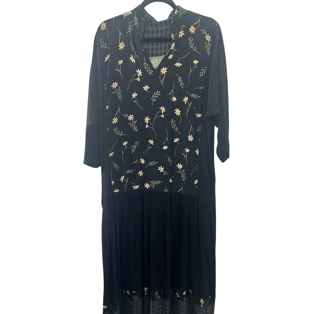 Onion Womens Floral Embroidered Mixed Media Midi Dress Black Gingham Trim 913
